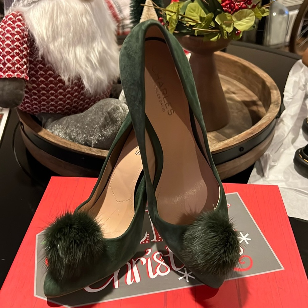 Charles David women stilleto pointed toe Pom Pom green suede pumps